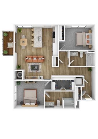 Floor plan for 2 beds, 2 baths, 1057 sqft